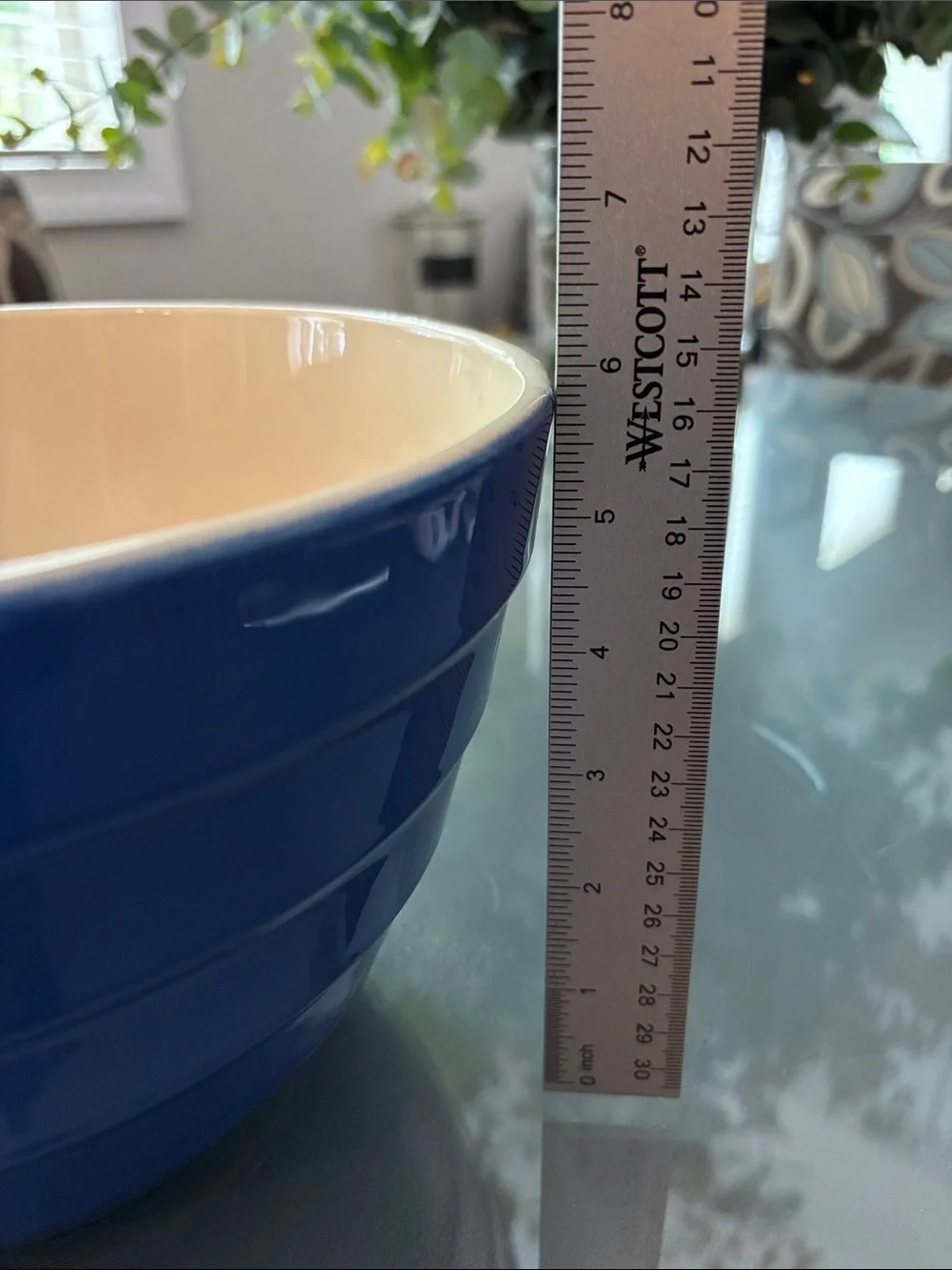 Crate and Barrel Blue Ceramic Mixing Bowl with Cream Interior-slight chip